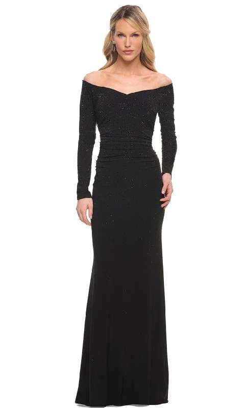 Odd Size Clearance Sale La Femme 30073 - Ruched Long Sleeve Beaded Gown