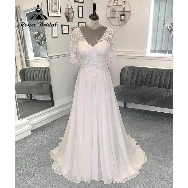 Boho Chic Fashion Beach Lace Bodice Chiffon V Neck Women Backless Wedding Dress with Short Sleeve 2024 Bridal Gown Sweep Vestido Novia Roycebridal