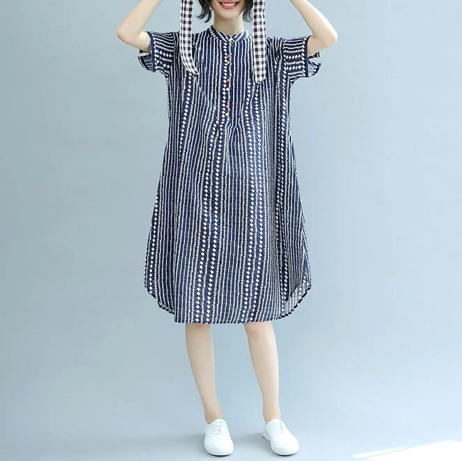 Trendy Women's Collection stylish blue floral Midi-length cotton dress plus size clothing cotton maxi dress Fine short sleeve pockets Stand baggy dresses