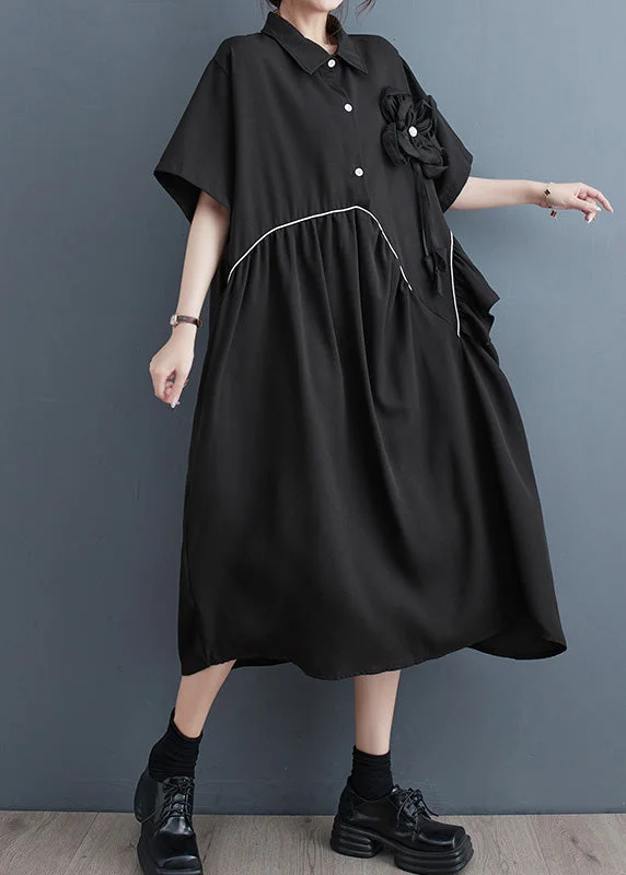 Trendy Styles Modern Black Peter Pan Collar Patchwork Floral Button Party Maxi Dress Short Sleeve