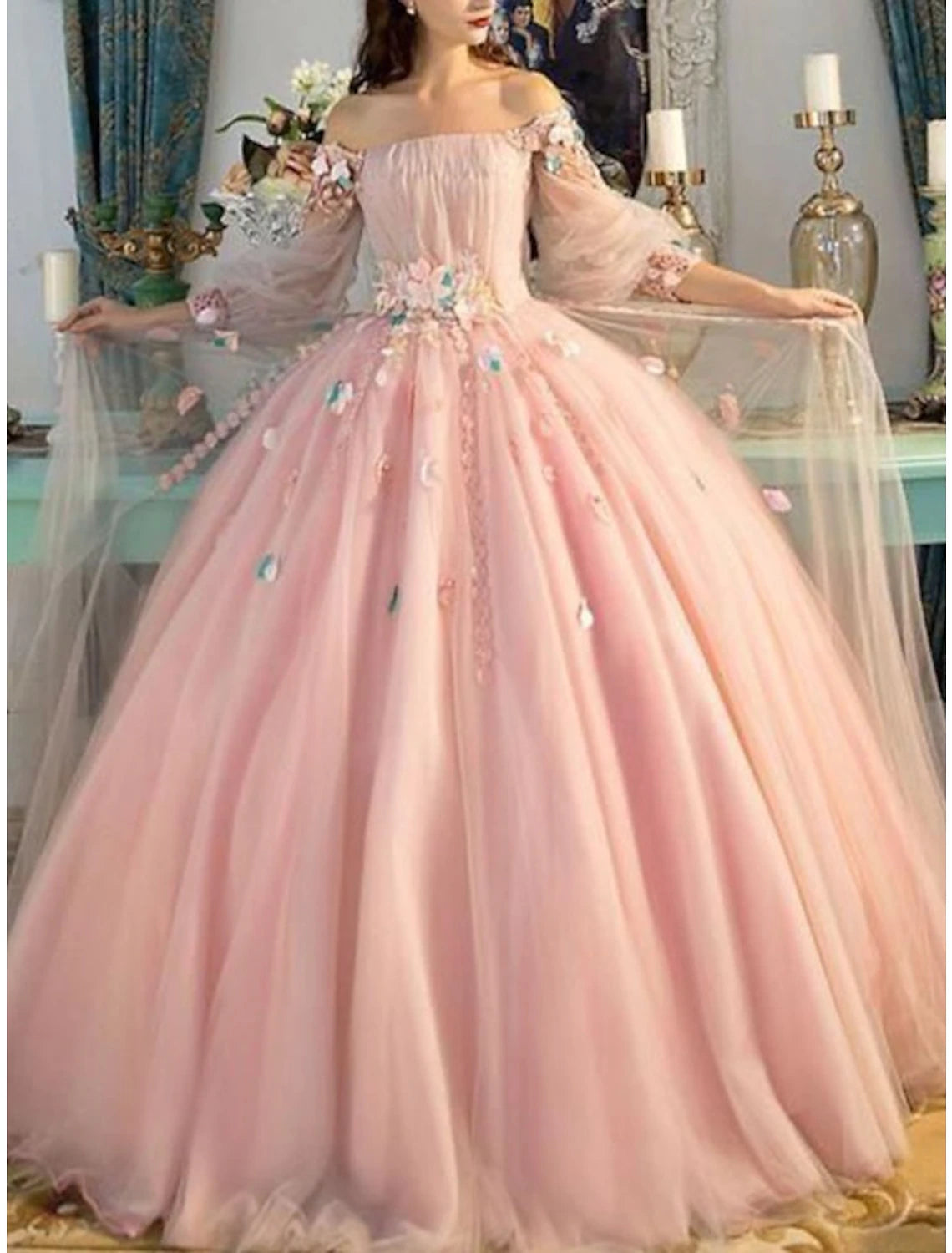 Casual Fashion Trends for Women Ball Gown Quinceanera Dresses Floral Dress Wedding Prom Floor Length Long Sleeve Off Shoulder Tulle with Appliques