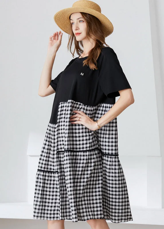 Athleisure Style Sale Art Black Asymmetrical Patchwork Plaid Cotton Dresses Summer