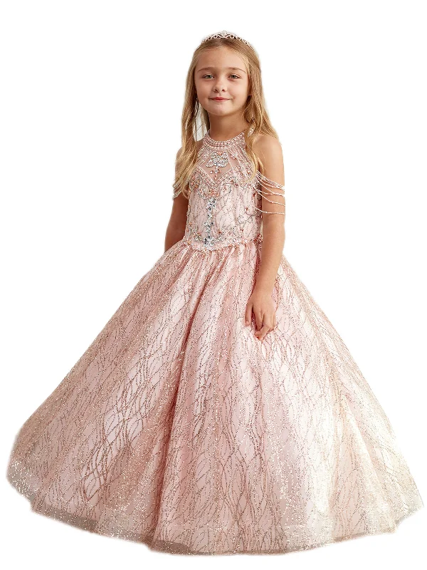 Trend Forward Threads Little Girls Rose Gold Dangling Beads Choker Style Pageant Dress 2-6