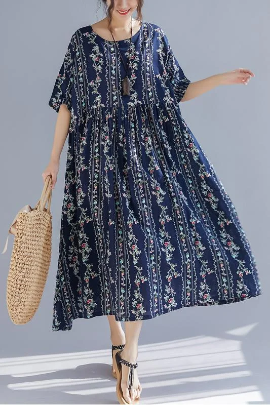 Trendy New Clothes French o neck Extra large hem cotton linen Soft Surroundings plus size Runway floral Art Dress Summer