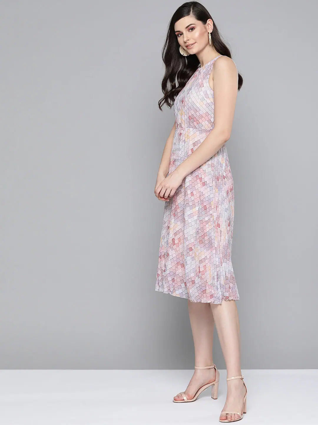 Season Appropriate Women's Collection Peach Tile Print Pleated Midi Dress