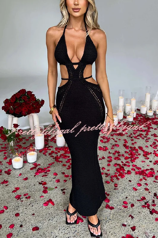 Premium Style Effortlessly Cool and Sexy Knit Crochet Cutout Halter Tie-up Stretch Maxi Dress