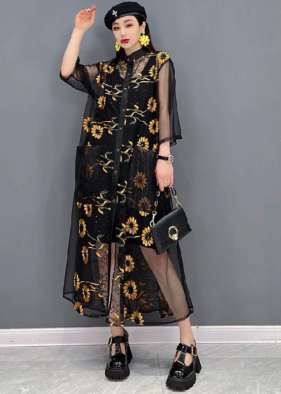 Timeless Elegance Redefined Beautiful Black Hollow Out Floral Print Tulle UPF 50+ Long Shirt Dress Summer