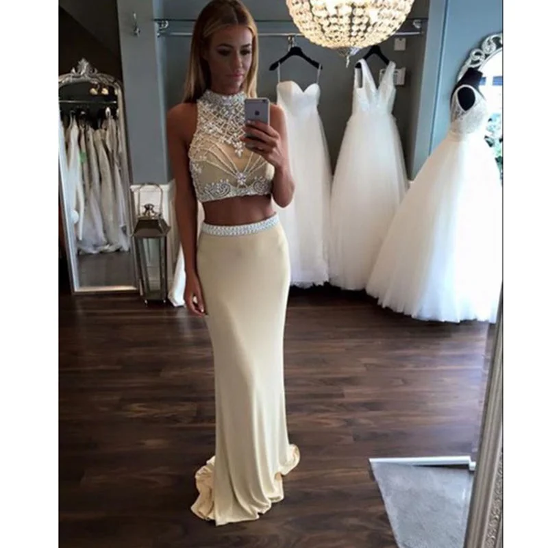 Graceful Fashion LP7890 Halter Beading Two Pieces Prom Dress Fitted Girls Formal Gown Pageant Dress 2018