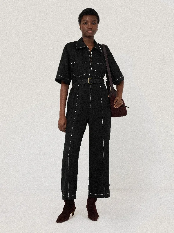 Trend Alert Linen Contrast Stitch Jumpsuit | Black