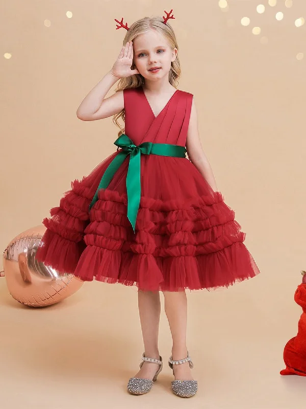 Insane Discount Onslaught Ball Gown V-Neck Sleeveless Knee-Length Ruched Christmas Dresses for Girls