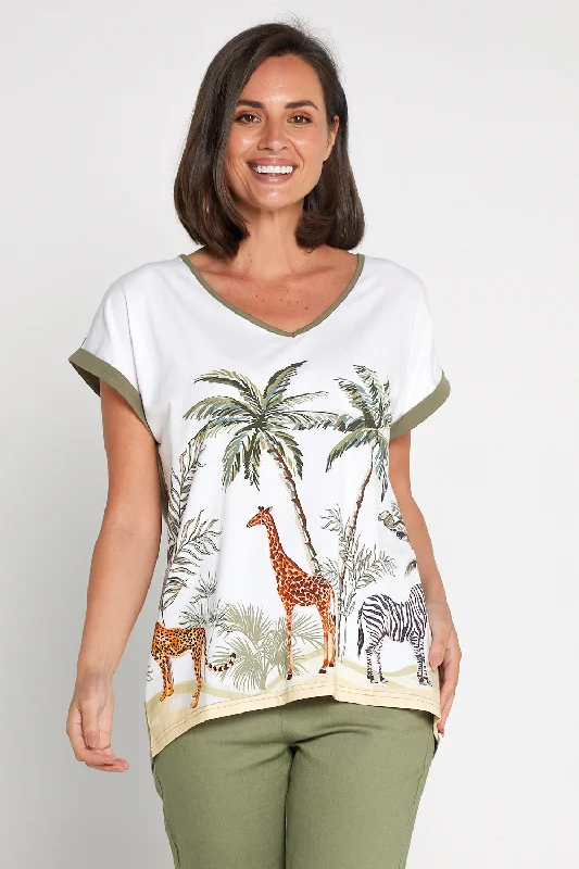 Trendy Women’s Dresses Online Africa Drop Shoulder Cotton Tee - White/Khaki