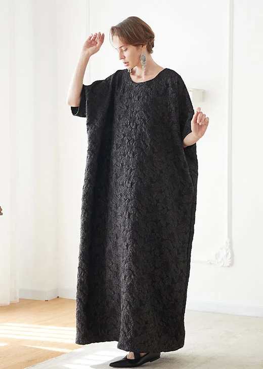 Sustainable Women's Apparel French Black O Neck Jacquard Cotton Robe Vacation Dresses Summer Sustainable Women's Apparel French Black O Neck Jacquard Cotton Robe Vacation Dresses Summer
