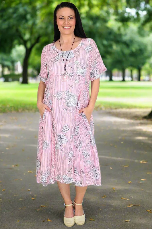 Cutting Edge Fashion Pink White Striped Floral Tunic Dress