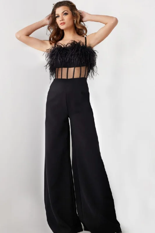 Women's Urban Fashion Jovani 24144 Long Feather Formal Jumpsuit