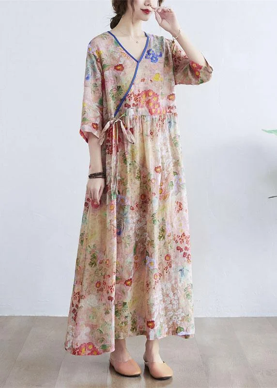 Attire Sale Simple Print V Neck Floral Summer Tie Waist Long Dresses Half Sleeve