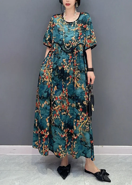 Chic Trends Unveiled French Blue O Neck Print Wrinkled Patchwork Cotton Dresses Summer