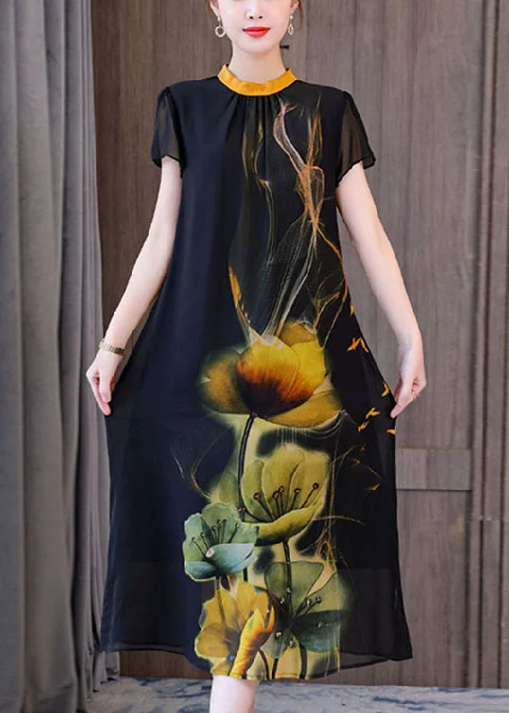 Bid Farewell To The Old Season Classy Black Stand Collar Floral Print Chiffon Holiday Dresses Short Sleeve