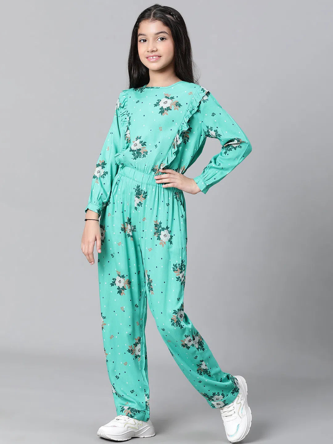 Trend Alert Kids Girl Green Floral Print Round Neck Full Sleeve Elasticated Jumpsuit-W23603GOV001
