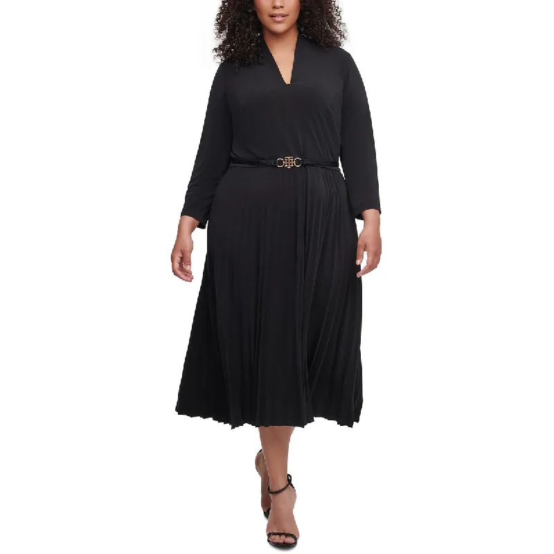 Online Boutique Clothing Tommy Hilfiger Womens Plus Pleated V-Neck Midi Dress