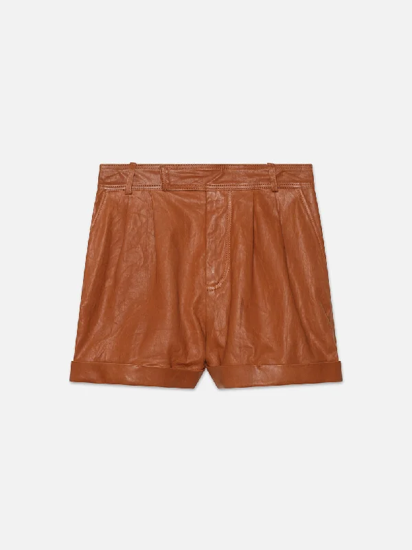 Unleash Your Trendy Side Pleated Wide Cuff Leather Short -- Light Whiskey