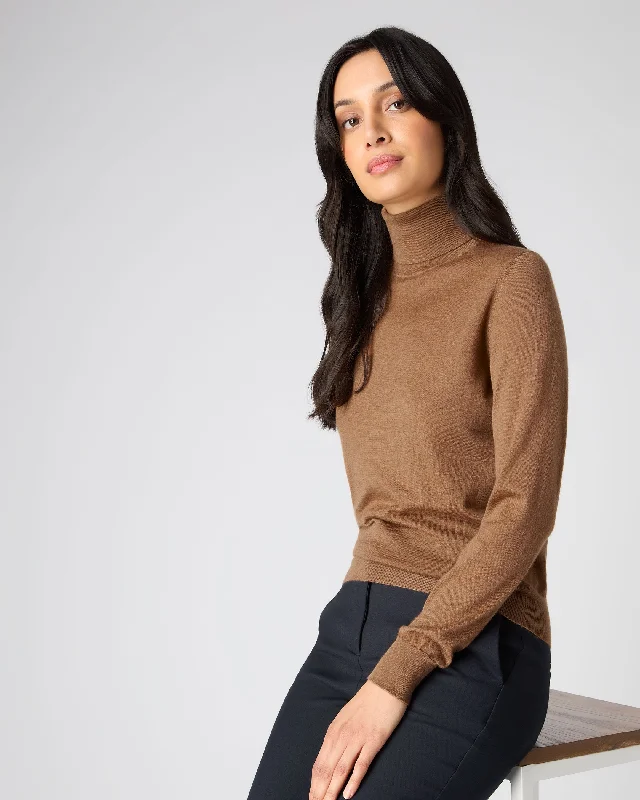 High Street Women’s Fashion for Trendy Shoppers Women's Margot Superfine Cashmere Roll Neck Jumper Dark Camel Brown