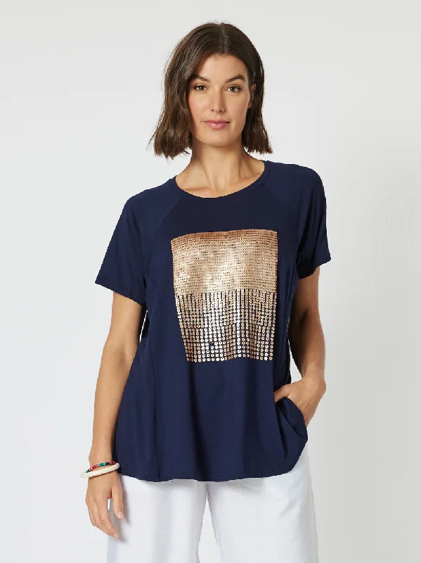 Comfortable Loungewear for Women Clarity Sequin Patch Tee Navy/Bronze