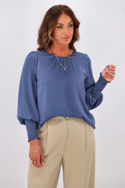 Season Offer Jane James Madison Puffed Sleeve Blouse Steel Blue