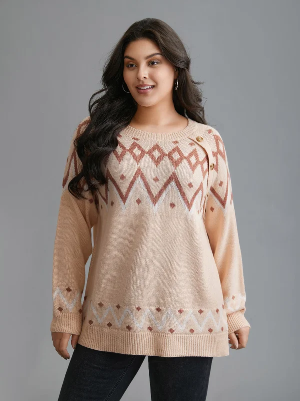 Style Beyond Borders Jacquard Print Button Round Neck Pullover