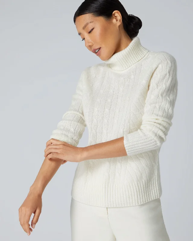 Seasonal Women’s Fashion Trends Women's Cable Roll Neck Cashmere Jumper New Ivory White