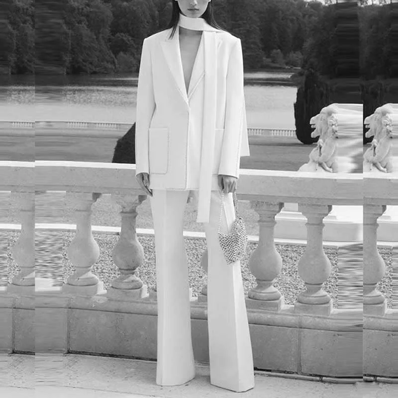 Sophisticated Style Women's Scarf-Detailed Pantsuit White One Button Blazer Suit