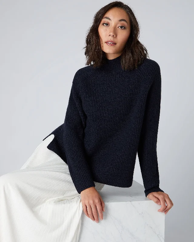 Unique Women’s Fashion Pieces Women's Fisherman Rib Funnel Cashmere Jumper Navy Blue