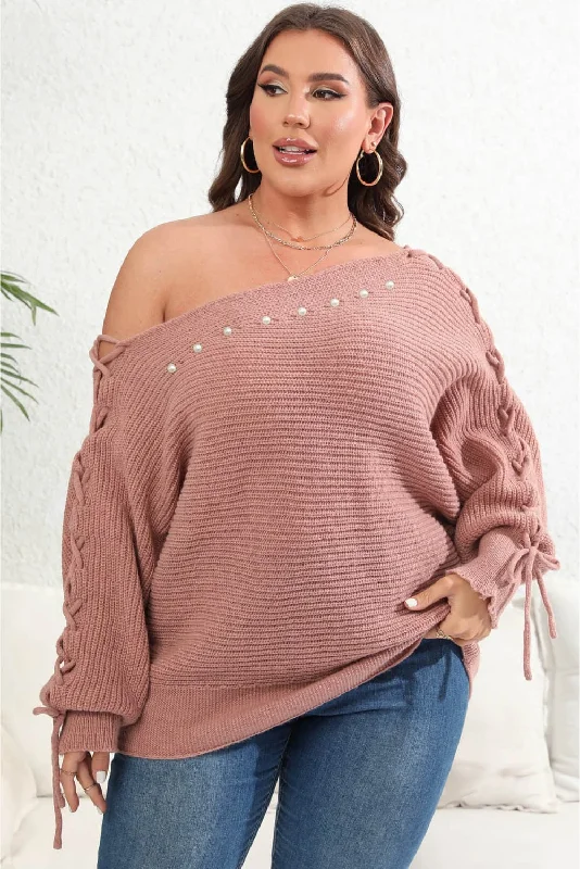 Unleash Your Trendy Side Plus Size One Shoulder Beaded Sweater