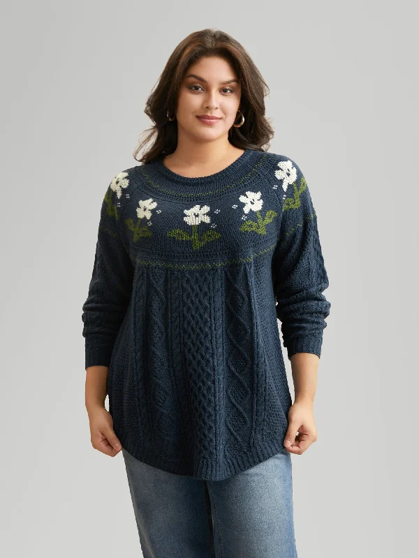 Best Online Boutiques For Women Floral Jacquard Raglan Sleeve Pullover