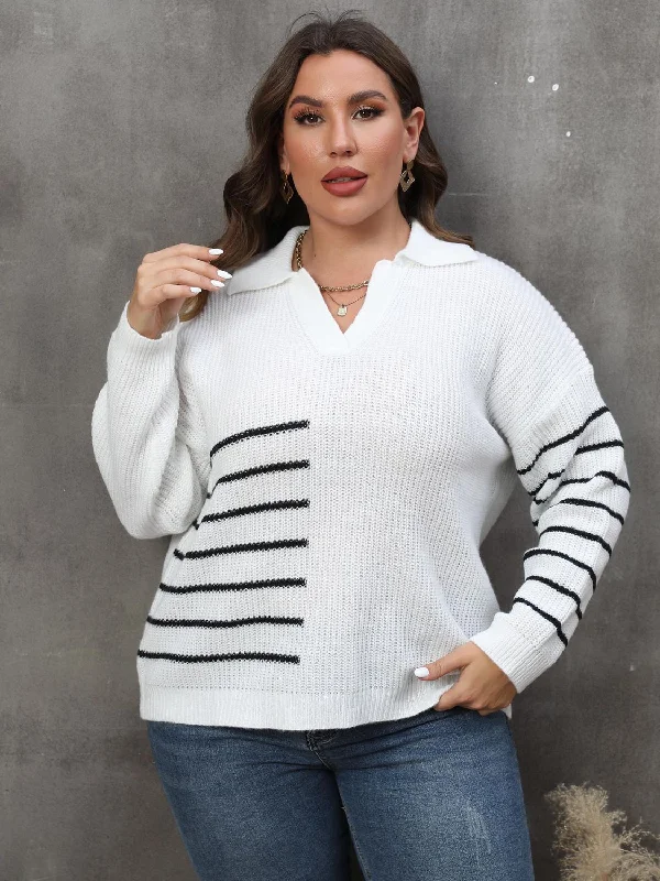 Casual Yet Stylish Separates Plus Size Striped V-Neck Sweater