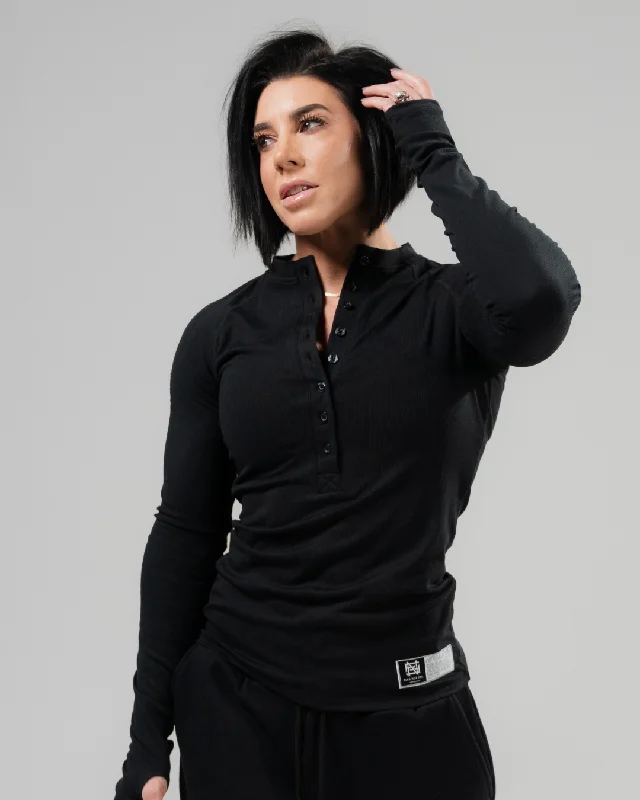 Athleisure Wear Special Offer WOMENS RIBBED HENLEY - BLACK