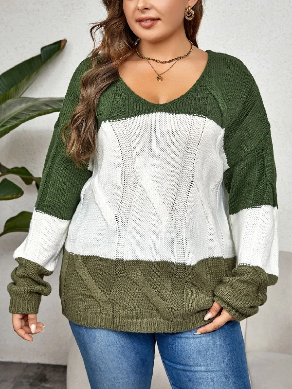 Daily Deals Plus Size Color Block Long Sleeve Sweater