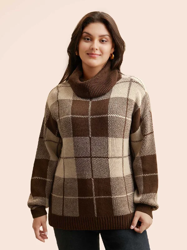 Special Offer For You Plaid Turtleneck Drop Shoulder Pullover