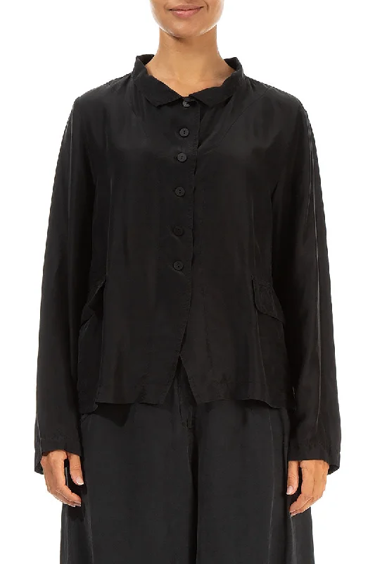 Chic Casual Wardrobe Essentials Buttoned Black Pure Silk Jacket