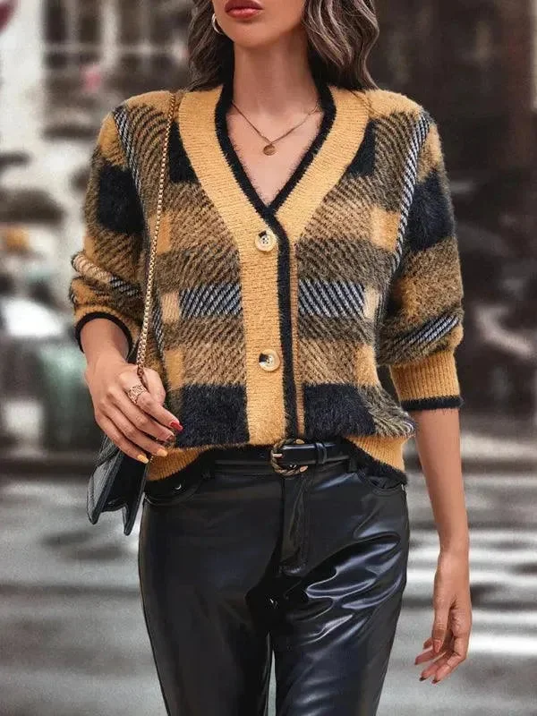 Trendy Street Style Attire Plaid Button Women Cardigan Sweater