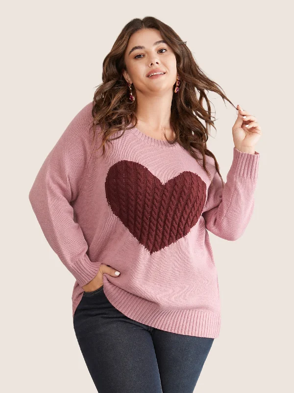 Best Boutiques Online Heart Cable Knit Two Tone Raglan Sleeve Pullover