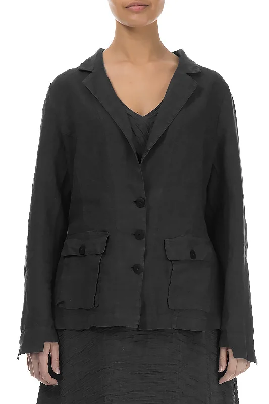 Trendy Street Style Attire Three Pockets Black Linen Blazer Jacket