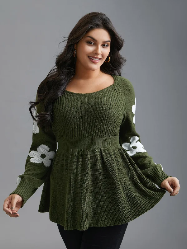 Flash Discount Floral Patch Jacquard Cinched Waist Pullover