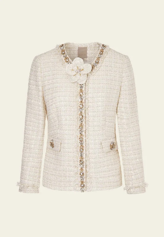 Women’s Seasonal Fashion Trends Embellished-trim Frayed-detail Flap-pocket Jacket