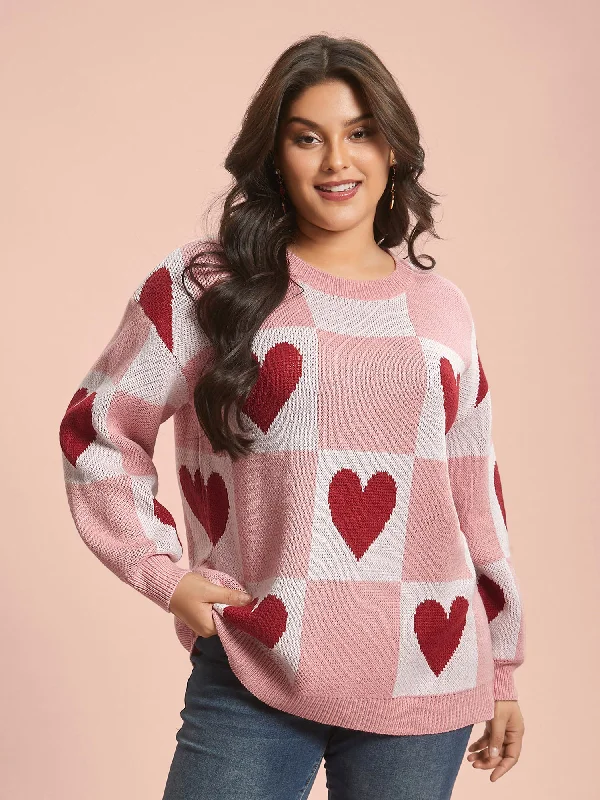 Online Boutique Stores Checkered Hearts Jacquard Color-Contrast Pullover