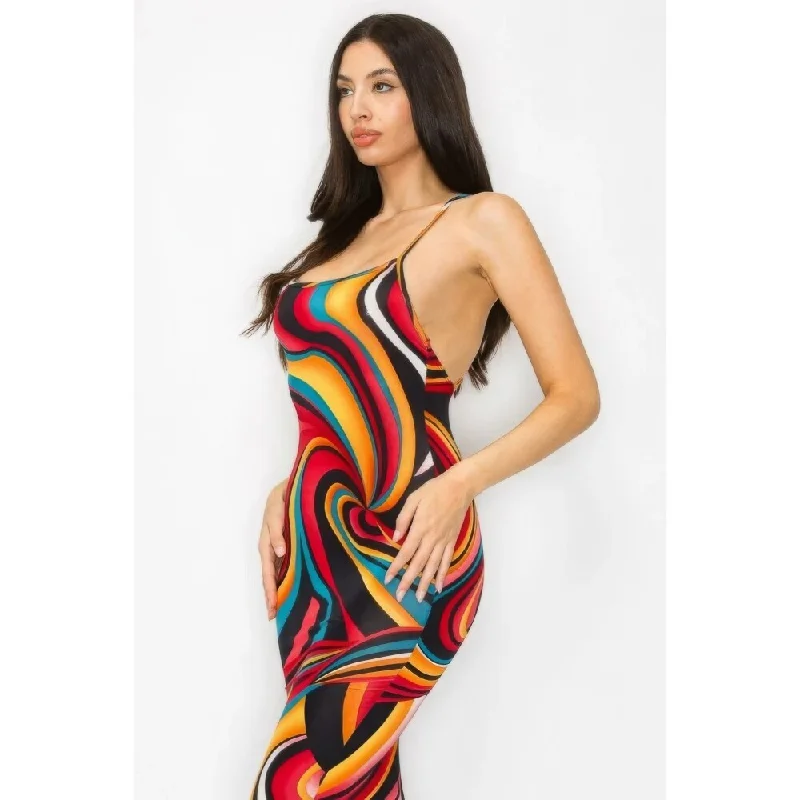Innovate Your Wardrobe Polyester Crossed Back Marble Print Multicolor Midi Dress