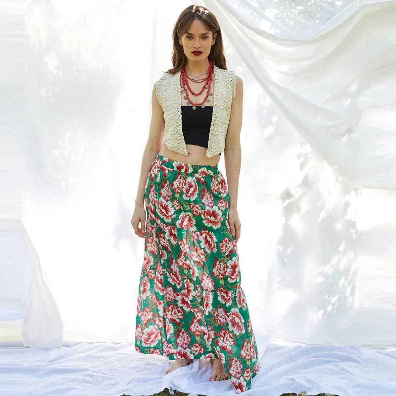 Travel Essentials Athenes Skirt (Floral Print on Green Background)