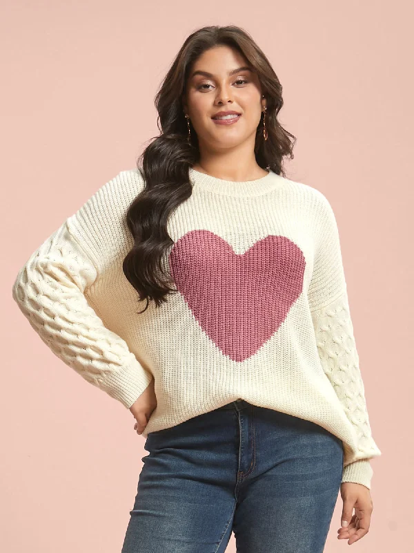 Holiday Gift Guide Sale Round Neck Heart Cable Knit Pullover