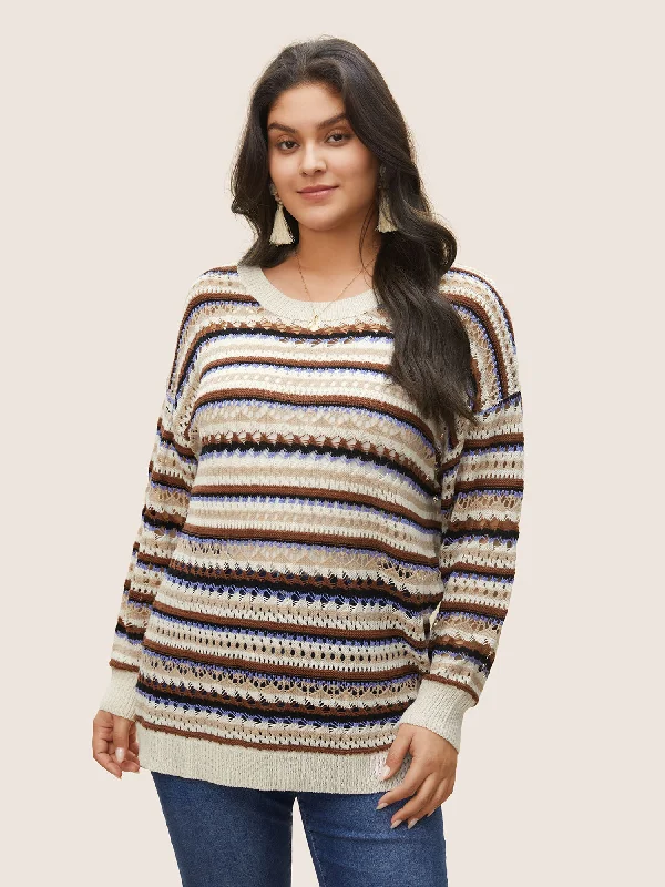 Don't Miss Out Striped Contrast Drop Shoulder Hollow Out Pullover