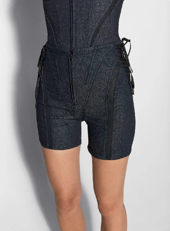 Chic Wardrobe Essentials black mesh laced-up raw denim shorts