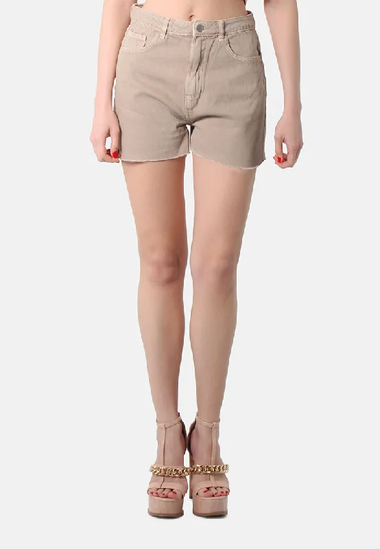 City Fashion Beige Raw Hem Denim Shorts